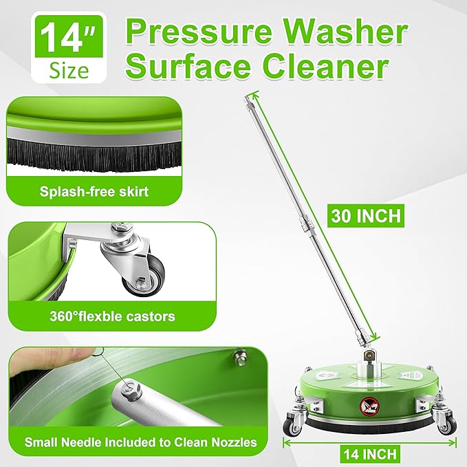 PWACCS 14" Pressure Washer Surface Cleaner, Stainless Steel Surface Cleaner for Power Washer, Pressure Washer Attachment for Cleaning Driveways, Patios, Sidewalks, and Decks, 1/4" Quick Connect