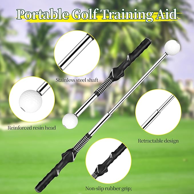 Retractable Golf Swing Training Aid, Portable Golf Swing Trainer for Warm Up Right-Handed Click Stick Golf Grip Trainer with Rhythm Click Sound, Golf Accessories for Beginners, Indoor Outdoor Practice