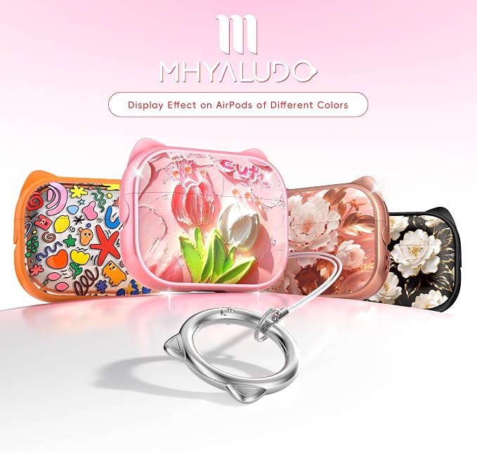 for AirPods Pro 2 Case with Cleaning Kit, Cute Cat Ear Print Design & Cute Buckle for Girls, Phone Holder & Top Safe Lock Buckle Design for AirPods Pro 2nd/1st Gen case, Tulip
