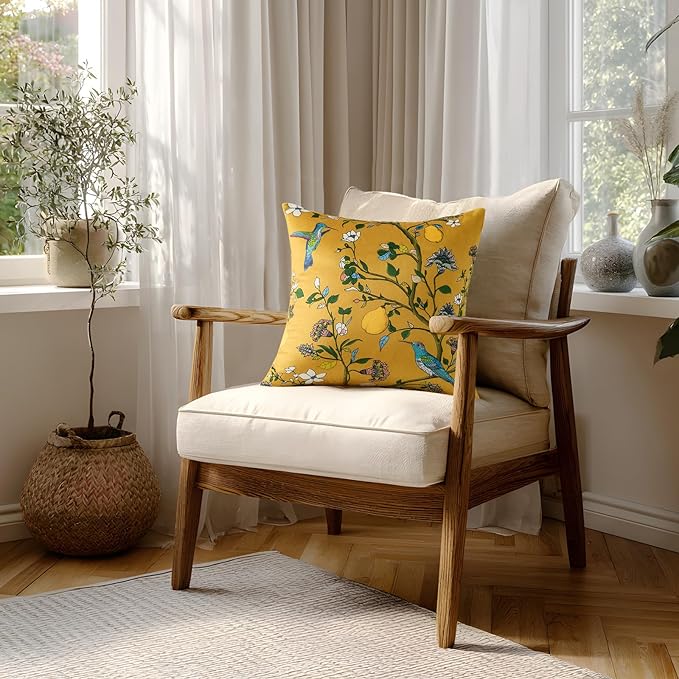 MUSSEL Mustard Yellow Floral Decorative Pillow Covers 18x18 Set of 2 | Soft Velvet,Wild Flower Plant,Throw Pillows Case,Square,Colorful Farmhouse Cushion Covers,Home Sofa Bed Couch Decor