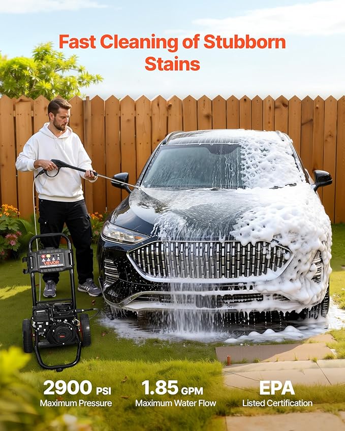 VEVOR Gas Pressure Washer 2900 PSI and 1.85 Max GPM, Upgrade Aluminum Pump with Spray Gun and Wand, 4 Nozzle Set, Gas Powered Pressure Washer for Cars, Fences, Driveways, Homes, Patios, Furniture