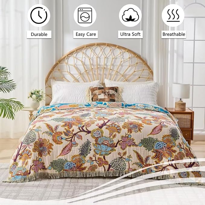 Boho Throw Blanket Farmhouse Decor Throw Blanket Bohemian Blanket for Bed 100% Cotton Muslin Woven Couch Blanket All Seasons Quilt Bedroom (E-Beige, 90"x98")