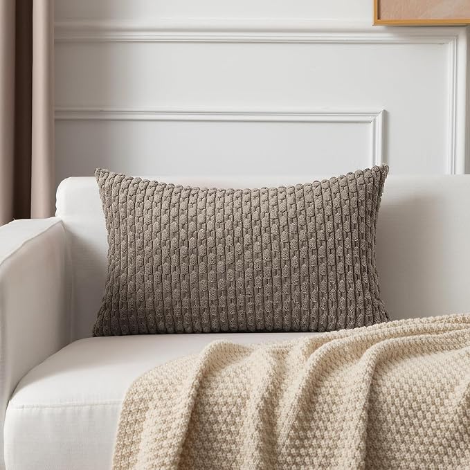 Kevin Textile Soft Corduroy 12"x20" Lumbar Pillow Cover 1 Pack, Light Brown | Boho Stripe Plush Corduroy Decorative Oblong Cushion Cover Modern Farmhouse Home Decor for Sofa Couch Bed Chair