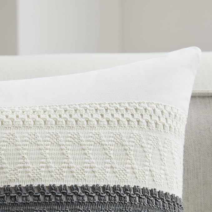 2pk Boho Pillow Covers 20x20, Natural White/Contrast/Charcoal | 100% Organic Cotton Body, Stripe Embroidery, Farmhouse Decorative Cushion Covers for Sofa Bed Living Room Home Decor
