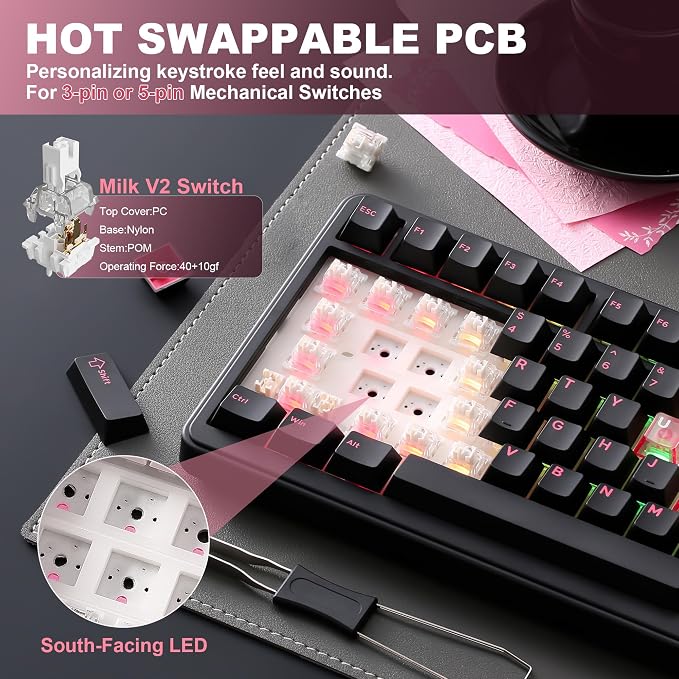 YUNZII B75 PRO 75% Wireless Mechanical Keyboard (Black Heart, MilkV2) | Hot Swap Keyboard with Knob, Gasket Mount, Creamy Pre-lubed Switch for Smooth Typing, BT/USB-C/2.4G, for Gaming