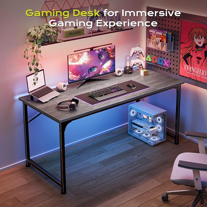 PRAISUN 47 Inch Computer Desk, Home Office Desk with Spacious Desktop, Grey | Modern Gaming Desk for Bedroom, Study, Work, Gaming & Writing, Large Legroom, Sturdy Metal Frame