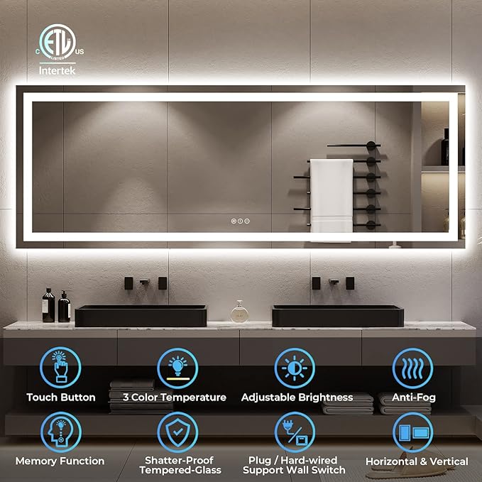 96x36 Inch LED Bathroom Mirror with Lights Front and Backlit Lighted Vanity Mirror for Bathroom Wall with 3 Colors Dimmable Anti-Fog Memory Shatter-Proof IP54 Waterproof Horizontal/Vertical