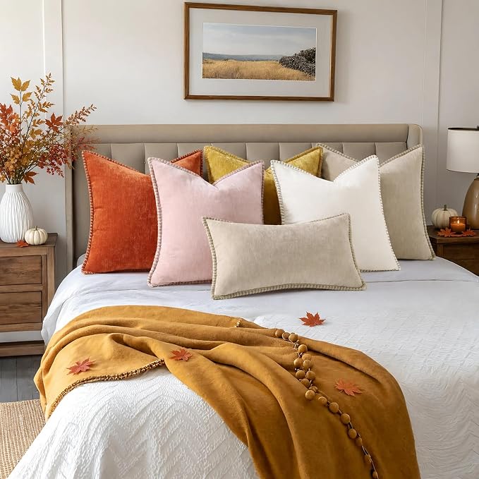 decorUhome Soft Chenille Throw Pillow Covers 26x26 Set of 2 Rust | Fall Textured Decorative Throw Pillow Cases Stitched Edge Modern Farmhouse Luxury Boho Velvet for Couch Sofa Bed Home Decor