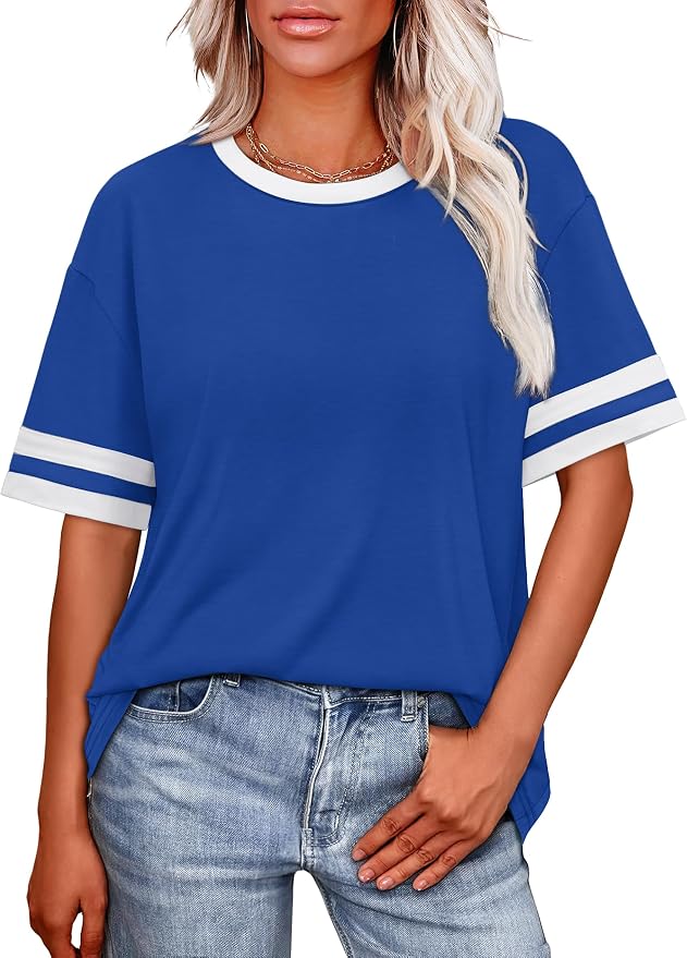 WIHOLL Womens T Shirts Loose Fit Short Sleeve Tees Crew Neck Color Block Summer Tops 2026 Fashion