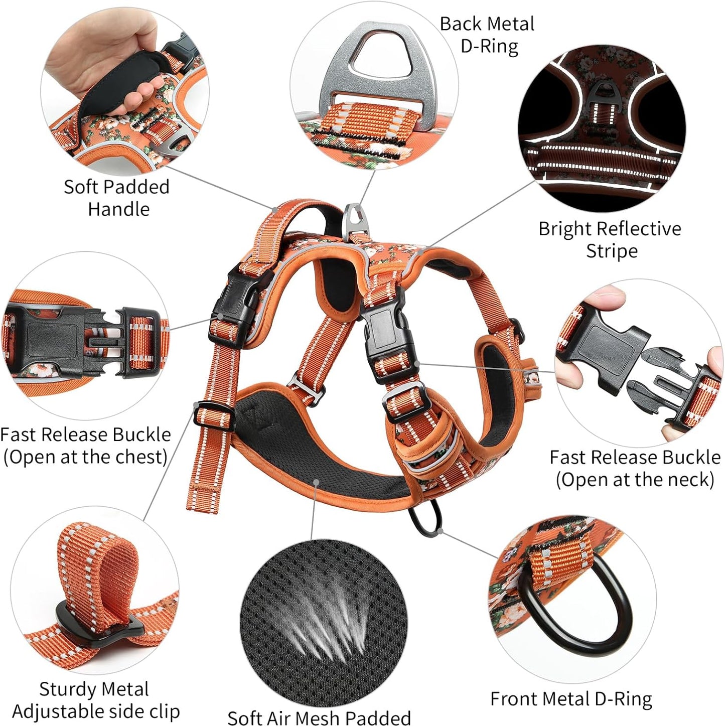 Timos Dog Harness, No Pull Dogs Harness 3 Snap Buckles Adjustable Reflective No Choke Pet Vest for Small Dog with Soft Padded Control Training Handle for Outdoor Training,Flower Orange, S