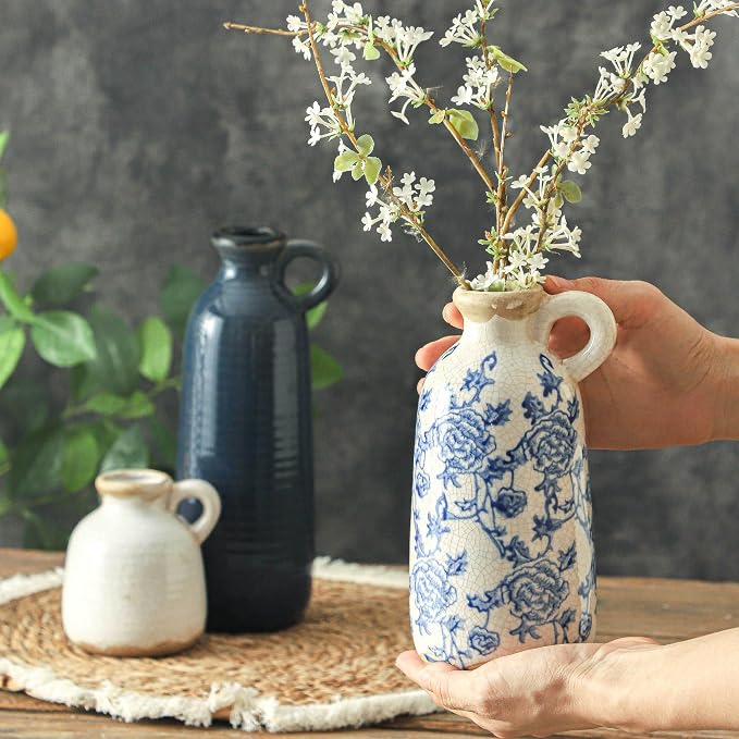 Ceramic Vase Set of 3 with Handle, Vintage Rustic Vases Home Decor Farmhouse Decorative Vase Pottery Decor Modern for Table Mantel Entryway Bookshelf Living Room Kitchen Bedroom - Blue