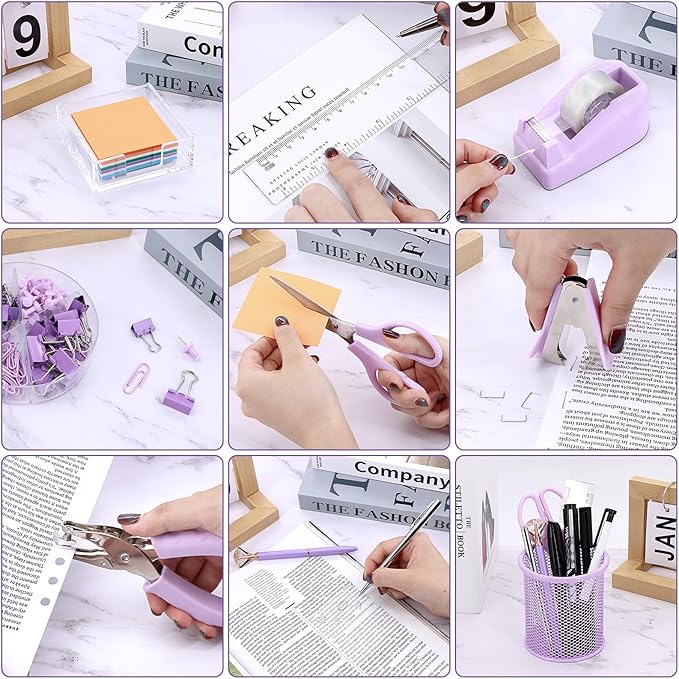 17 in 1 Purple Desk Organizers and Accessories Set, 3 Office Desk Supplies Storage Organization, 4 Pens, Stapler, Staples & Remover, Tape & Dispenser, Scissors, Ruler, Clips, Hole Punch Back to School