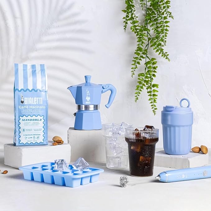 Bialetti Moka Express 3 Cup Light Blue & Almond Ground Coffee Gift Set – Stovetop Espresso Maker with 250g Caffe Macinato Mandorla, 80% Arabica 20% Robusta Medium Dark Roast, Made in Italy