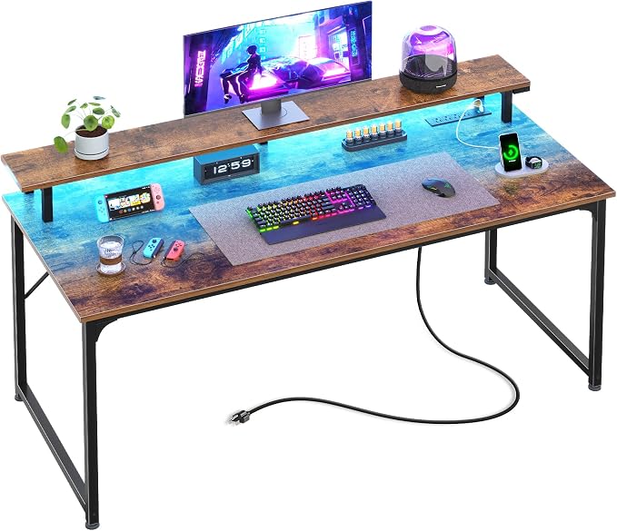 PRAISUN 48 inch Gaming Desk, LED & Outlets, Monitor Stand, Rustic Brown | Sturdy PC Desk for Home Office, Study & Work, LED Lights, 4 AC Outlets & USB-C Charging Station