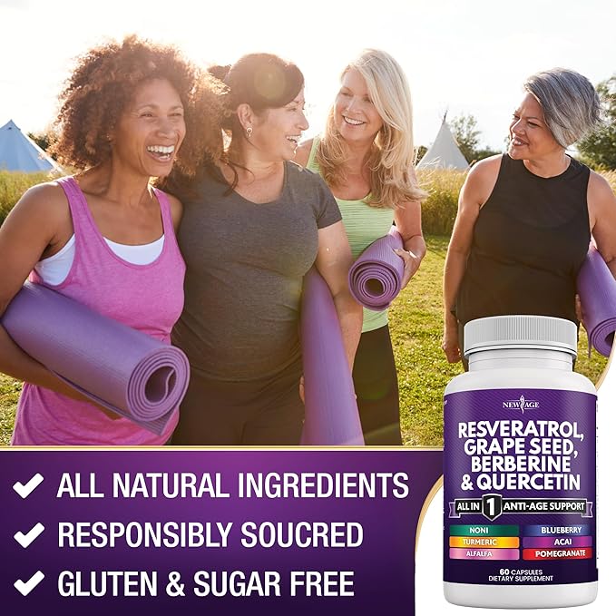 NEW AGE Resveratrol, Berberine, Grape Seed Extract, Quercetin, Polyphenol Supplement for Women and Men with Noni Extract, N-Acetyl Cysteine, Acai Extract - 120 Capsules