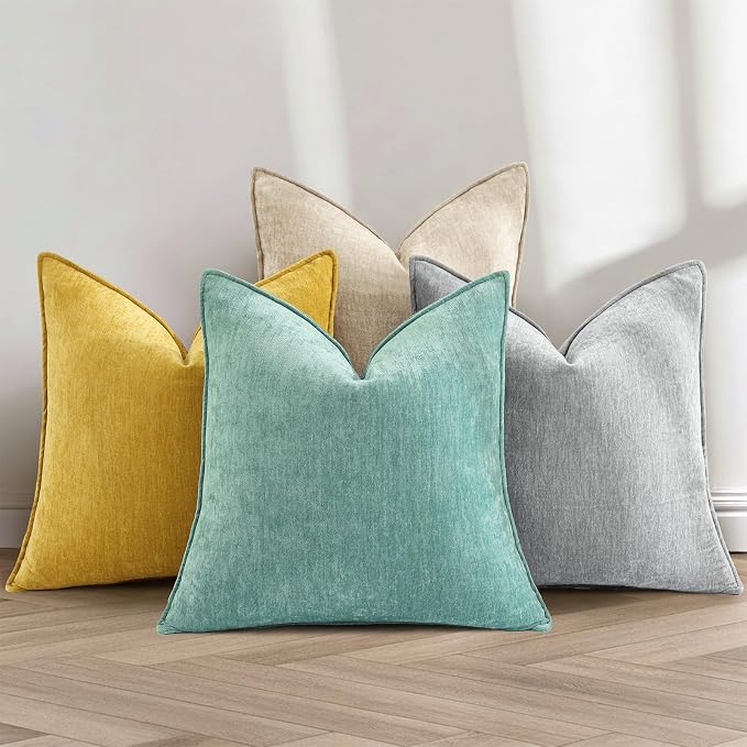 decorUhome Chenille Mineral Yellow Throw Pillow Covers 18x18 Set of 2 | Fall Soft Couch Decorative Modern Velvet Pillow Cases with Elegant Design for Sofa Bed Living Room Home Decor