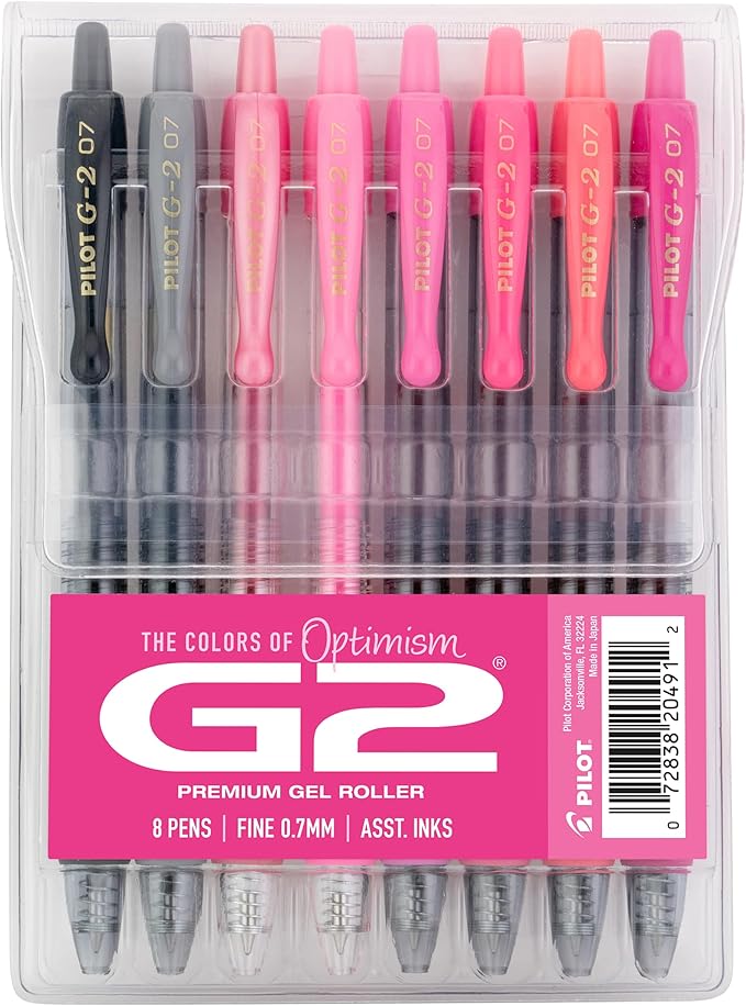 Pilot G2 Premium Gel Roller Pens, G2 Boost Pink Pens Pack, The Colors of Optimism, 8 Pack Pouch, Fine Point 0.7 mm, Assorted