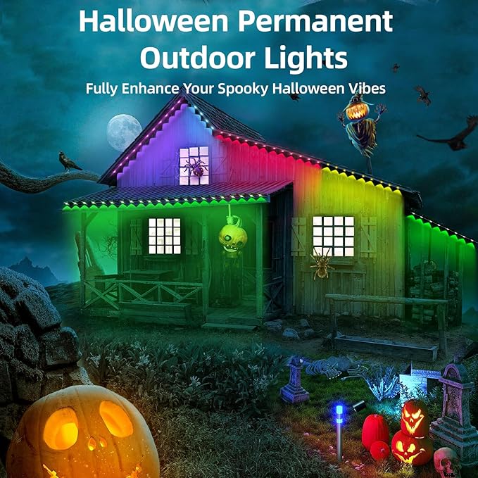 Permanent Outdoor Lights Pro, 50ft with 36 RGB LED Lights for Daily and Accent Lighting, IP65 Waterproof Smart Eaves String Lights with App & Remote, Rainbow Light for Halloween,Christmas -50FT