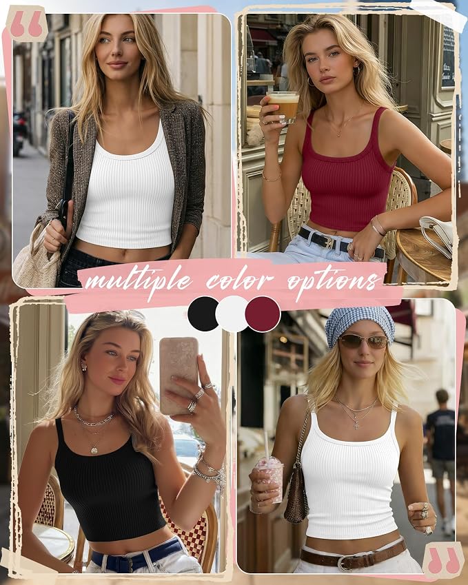 Ficerd 3 Pack Women's Tank Tops 95% Cotton Spaghetti Strap Ribbed Crop Camisole Slim Fitted Basic Summer Sleeveless Layer
