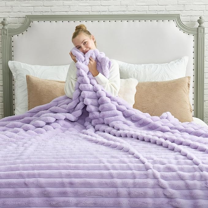 Cozy Bliss Faux Fur Throw Blanket for Couch, Cozy Warm Plush Striped Blanket for Sofa Bedroom Living Room, 108 * 90 Inches Lavender