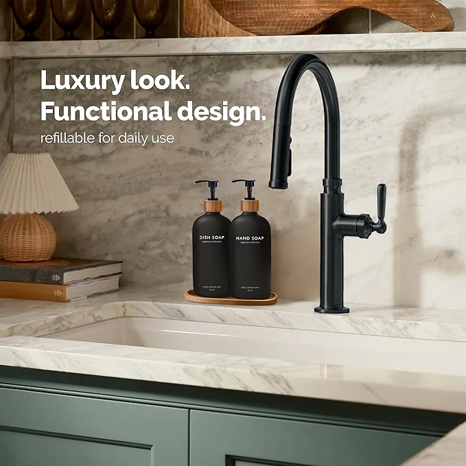 Vine Creations Black Glass Soap Dispenser Set, Hand Soap and Dish Soap Dispenser Set with Bamboo Tray, 16 oz Glass Dispensers Bottle for Kitchen and Bathroom Decor Modern Boho with Bamboo Pump (Black)
