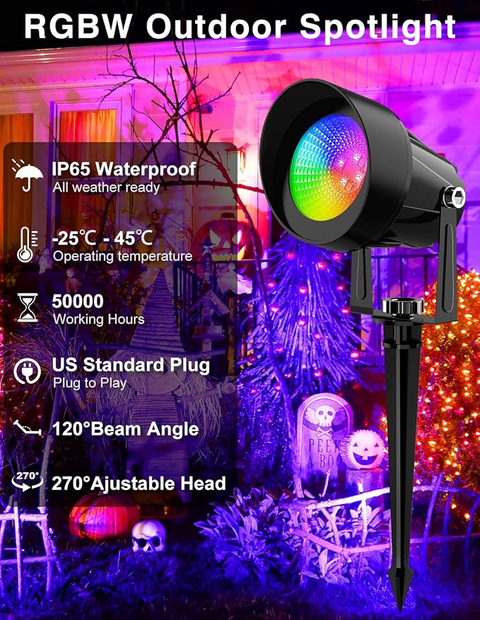 Spot Lights Outdoor, Smart RGBW LED Color Changing Landscape Lights with APP and Remote Control, Music Mode, DIY Scenes, Timing, IP65 Waterproof Spotlights Plug in for Yard Garden, 2 Pack