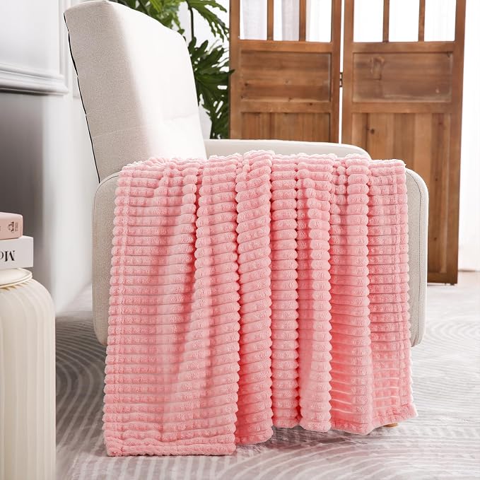 Puncuntex Fleece Throw Blanket Light Pink 50"×60" with Square Grid Design | Super Soft Plush Cozy Flannel Throw Blanket Luxury for Couch Sofa Chair