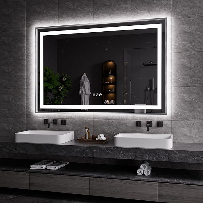 Amorho 60" X40" LED Bathroom Mirror, Brushed Nickel Framed Mirror with Front Light and Backlit, Stepless Dimmable, Anti-Fog, Shatter-Proof, Memory, 3 Colors