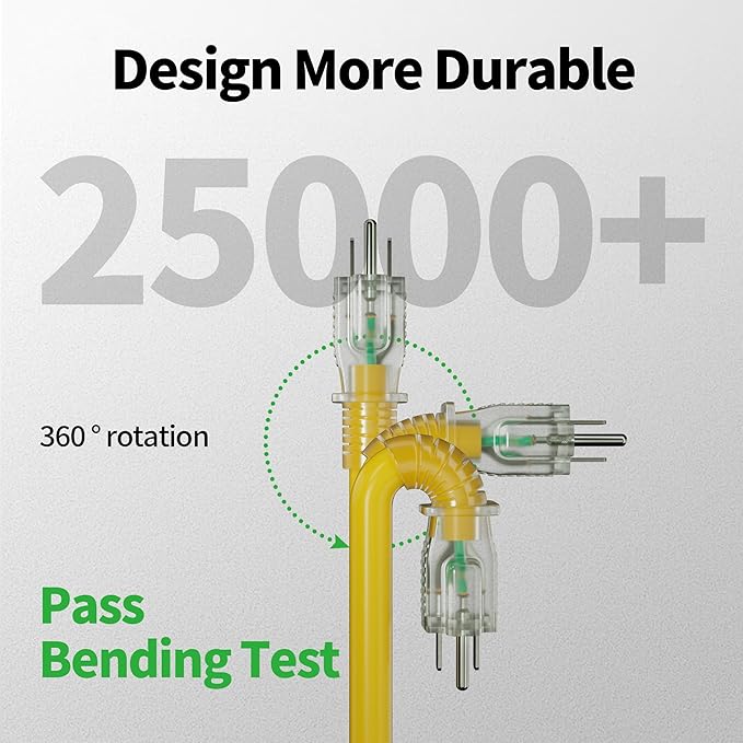 POWGRN 12/3 75 Ft Outdoor Extension Cord Waterproof Heavy Duty with Lighted Indicator 12 Gauge 3 Prong, Flexible Cold-Resistant Long Power Cord Outside, 15Amp 1875W SJTW Yellow ETL Listed