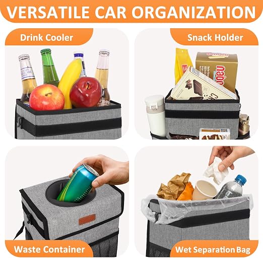 Vankor 3 Gallons Car Trash Can with Lid, Car Trash Bag Bin Hanging Waterproof Automotive Garbage Cans Leak Proof Vehicle Can Grey