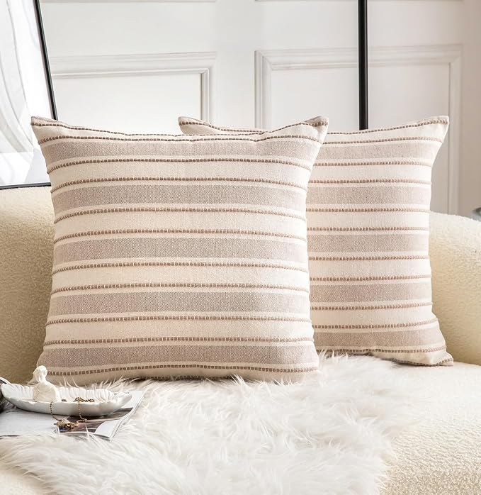 Cethom Decorative Boho Throw Pillow Covers, Farmhouse Textured Pillow Case, 20 x 20 Inch Set of 2, Chair Sofa Bedroom Living Room Home Decor Couch Cushion Case, Taupe and Beige Striped