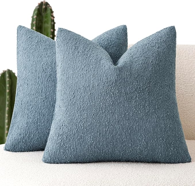 Foindtower Pack of 2 Textured Boucle Throw Pillow Covers Accent Solid Decorative Pillow Cases Cozy Woven Couch Cushion Case for Sofa Bedroom Living Room Home Decor 20x20 Inch Misty Blue