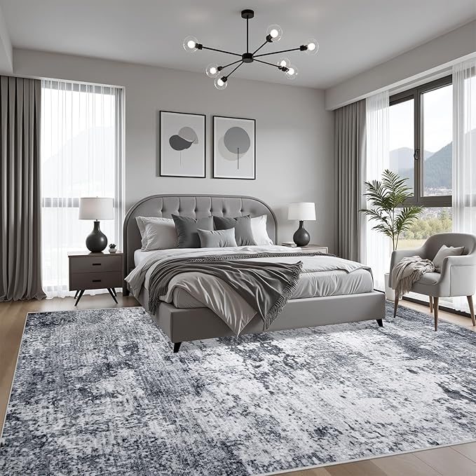 6x9 Area Rug Living Room Rug: Washable Modern Abstract Soft Thin Rug Indoor Floor No Slip Stain Resistant Carpet for Bedroom Dining Room Farmhouse Nursery Home Office - Grey