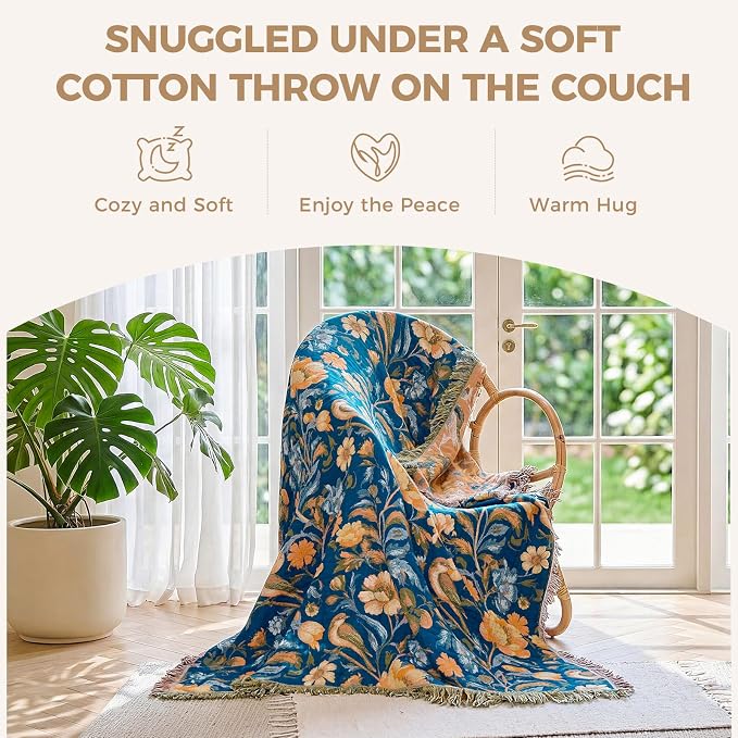 LUTBM Boho Throw Blanket for Bed 60"x80", All Season Cotton Couch Blankets | Blue Reversible Floral Birds Jacquard, Soft All-Season Twin Lightweight Quilt, For Chair Sofa Bedroom Living Room, Home Decor