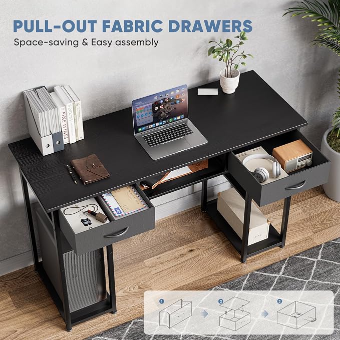 DUMOS 48-Inch Computer Desk with Drawers, Hook and Side Bag, Black | Home Office Desk for Bedroom, Gaming Writing Study Desk with Adjustable Feet