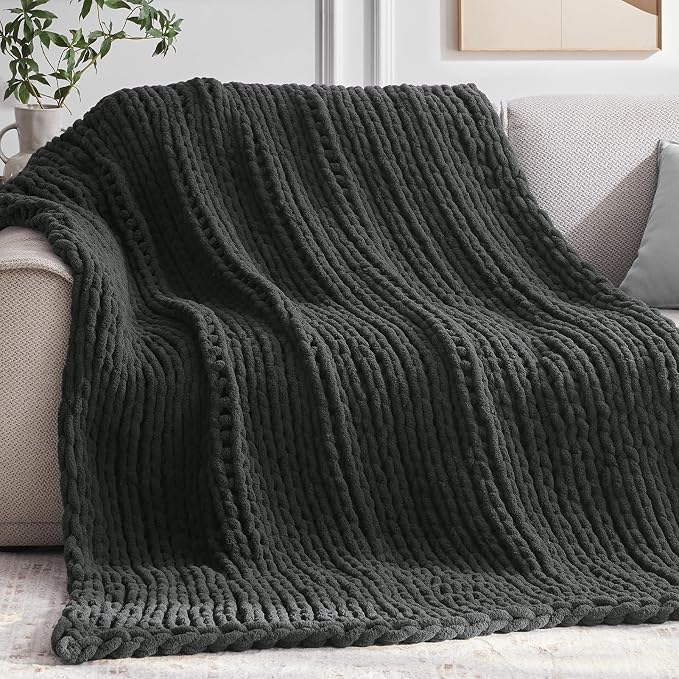 Negwoo Chunky Knit Throw Blanket, Knitted Throw Chenille Yarn, 80"*90" | Soft Thick Cable Knitted Blankets, Handmade Big Thick Blanket, Machine Washable Cute Comfy Blanket for Home Decor, Dark grey