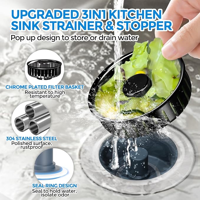 3 in 1 Kitchen Sink Drain Strainer Stopper Removable Basket Pop-Up | Kitchen Sink Accessories 1 Pack Brushed Black Stainless - Food Catcher, Odor-Blocking Seal, Fits 3.5" Drain