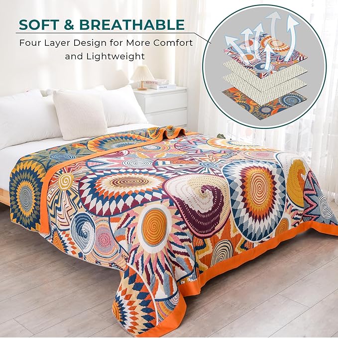 King Throw Blanket for Bed 100% Cotton Boho Oversized Soft Cozy Muslin Quilt Blanket Double Embroider Sun, Vintage Farmhouse Cottage Woven All Season Blankets for Bedding Couch,90"×98"