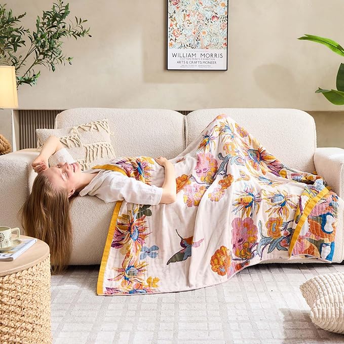 XIBLC Boho Throw Blanket, 100% Cotton Ultra Soft Luxury Throw Rustic Quilt, 60"x80" Floral Bird Butterfly Farmhouse Decor Bed Blankets, All Season Rustic Reversible Bohemian Throw for Bed - Yellow