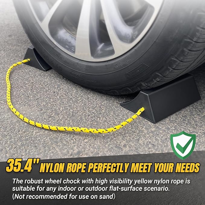 ROBLOCK Upgrade Wheel Chocks for Lightweight Travel Trailer Light Truck Car Tractor, Sturdy Simple Easy to use,Tires Light Block Stopper Chock with Nylon Rope Yellow Reflective Tape (2pack)