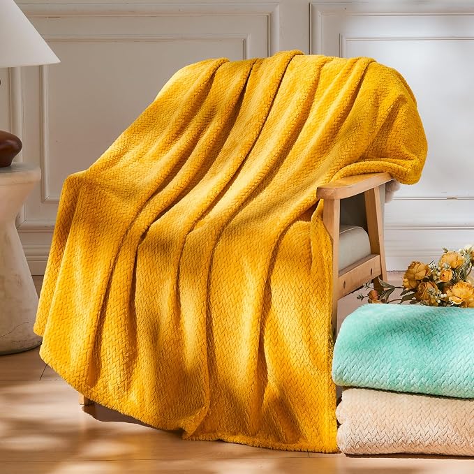 NEWCOSPLAY Fleece Leaves Pattern King Blanket, Mustard Yellow, 90"x110" | Super Soft Throw Blanket, Lightweight Cozy Bed Sofa Blanket, Premium Silky Flannel Fleece, Travel Blanket for All Season Use