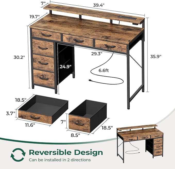 Huuger Gaming Desk with 6 Drawers, Computer Desk with LED Lights Power Outlets and Type-C, 39 Inch Office Desk with Storage, Monitor Stand, Writing Work Desk Home Office, Study, Rustic Brown