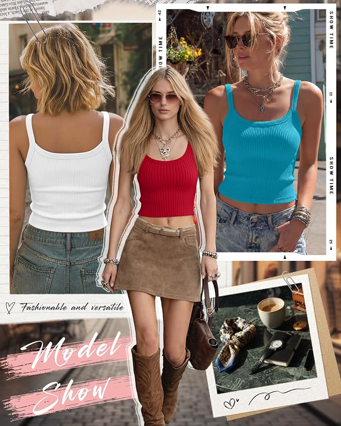 Ficerd 3 Pack Women's Tank Tops 95% Cotton Spaghetti Strap Ribbed Crop Camisole Slim Fitted Basic Summer Sleeveless Layer