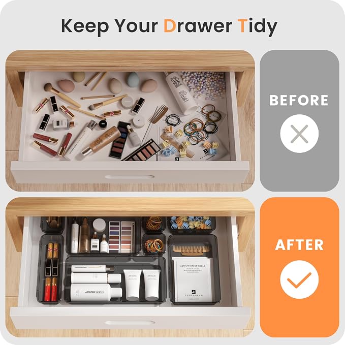 【Military Grade】A-LuGei Drawer Organizer,【】Makeup organizer,【Holds 177 Items】Bathroom Organizers and Storage,Organization and Storage,Desk Drawer Organizer for Vanity【Clear Black】
