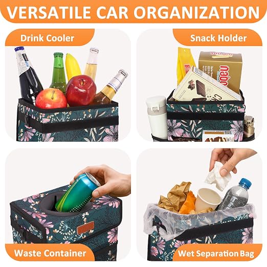 Vankor Car Trash Can for Car Cute, Bag Bin Hanging Waterproof Automotive Garbage Cans Leak Proof Vehicle Trash Can Navy Floral