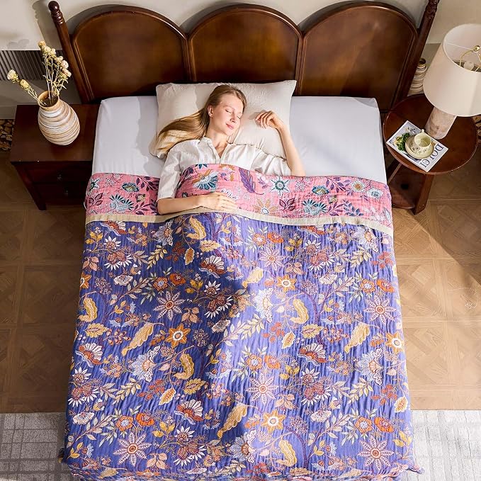 XIBLC Boho Blanket, 100% Cotton Farmhouse Decorative Throw Blanket, 80"x90" Reversible Bohemian Throw Blanket, Purple All Season Muslin Breathable Woven Blankets Quilt