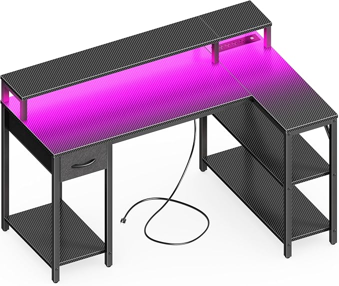 SUPERJARE 47 inch L Shaped Gaming Desk with LED Lights & Power Outlets, Reversible Computer Desk with Shelves & Monitor Stand, Corner Desk with Drawer, for Home & Office, Carbon Fiber Black