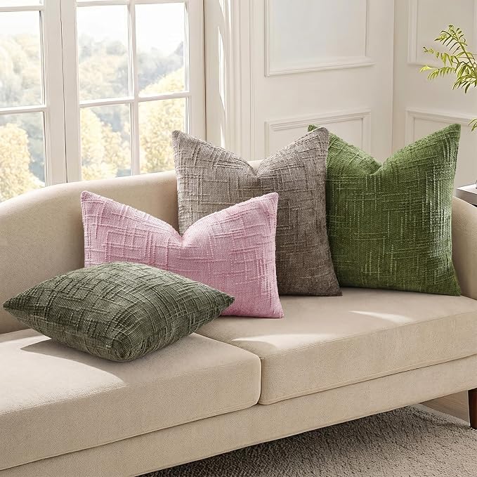 decorUhome Textured Chenille Throw Pillow Covers 18x18 Set of 2 Blush Pink | Fall Modern Farmhouse Soft Cozy Slubby Couch Pillow Cases Boho Decorative Pillow Cases for Bed Sofa Living Room Home Decor