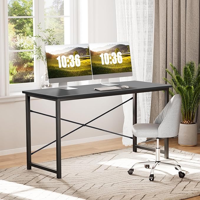 Sweetcrispy 48-Inch Small Computer Desk for Bedroom, Black | Gaming Writing Work and Study Desk for Home Office, Sturdy Metal Frame and Compact Modern Design with X-Shaped