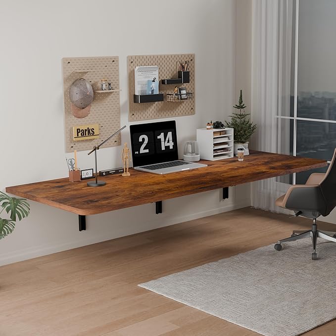 IAE 48x22in Floating Fold Desk,Wall-Mounted Folding Computer Table,Rustic | Study Table with Shelf Brackets,Foldable Down Shelf with Engineered Wood,Fold Computer Desk for Small Apartment,Holds 506 lb